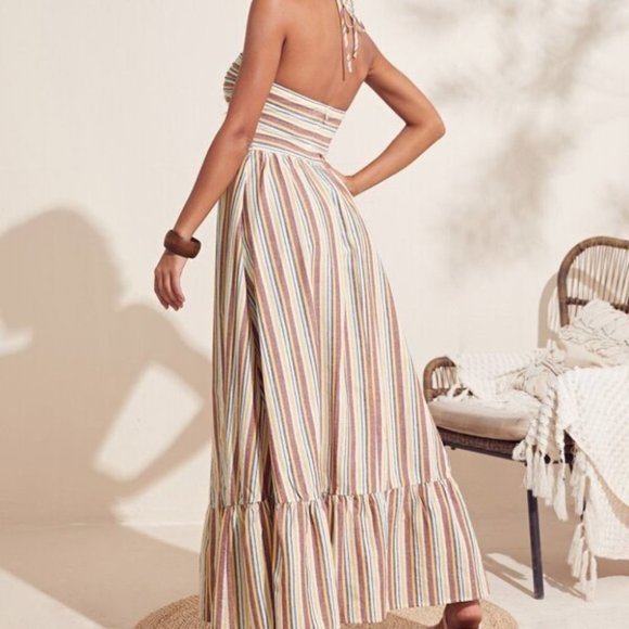 Ruffle Hem Halter Striped Print Maxi Dress - Picture 10 of 11